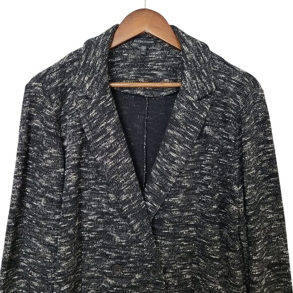 Eileen Fisher Tweedy Blazer Women M Black Fleck Notch Collar Organic Cotton Knit - Picture 3 of 6